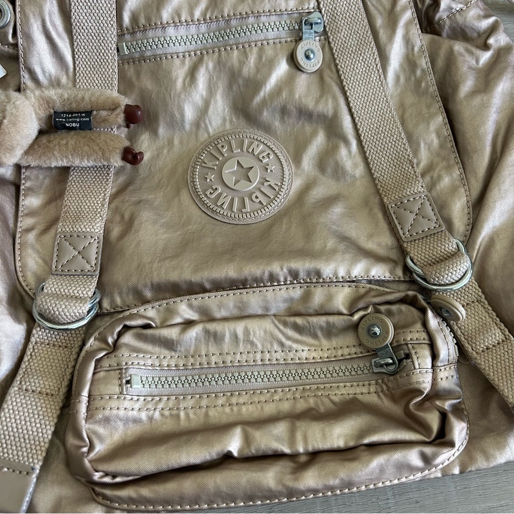 Kipling Metallic Gold Drawstring Backpack With Mo… - image 2
